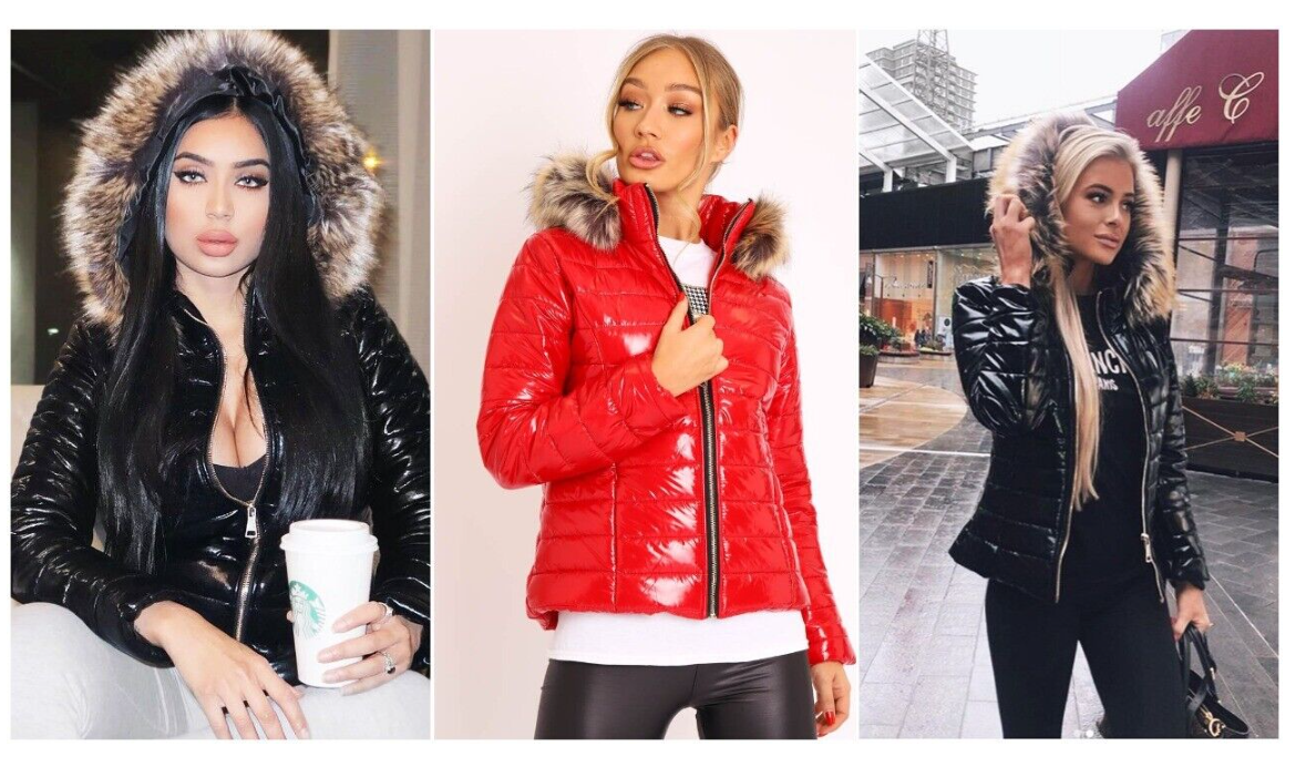 WOMENS LADIES QUILTED WINTER COAT PUFFER FUR COLLAR HOODED SHINY JACKET PARKA UK