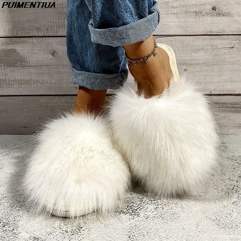 Fur Slides Women Summer Furry Slippers Fluffy Home Shoes Ladies Luxury Fur Flops
