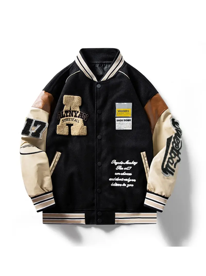 Loose Vintage Baseball Jacket With Embroidered Letters Print For Men, Color Block Sports Button Up Jacket With Pockets, Spring Fall Outdoor