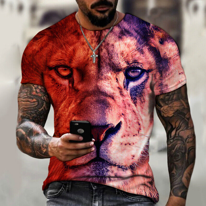 Men's Lion Print T-shirt Loose Casual Short Sleeve Thin Fit Street T Shirt Tops