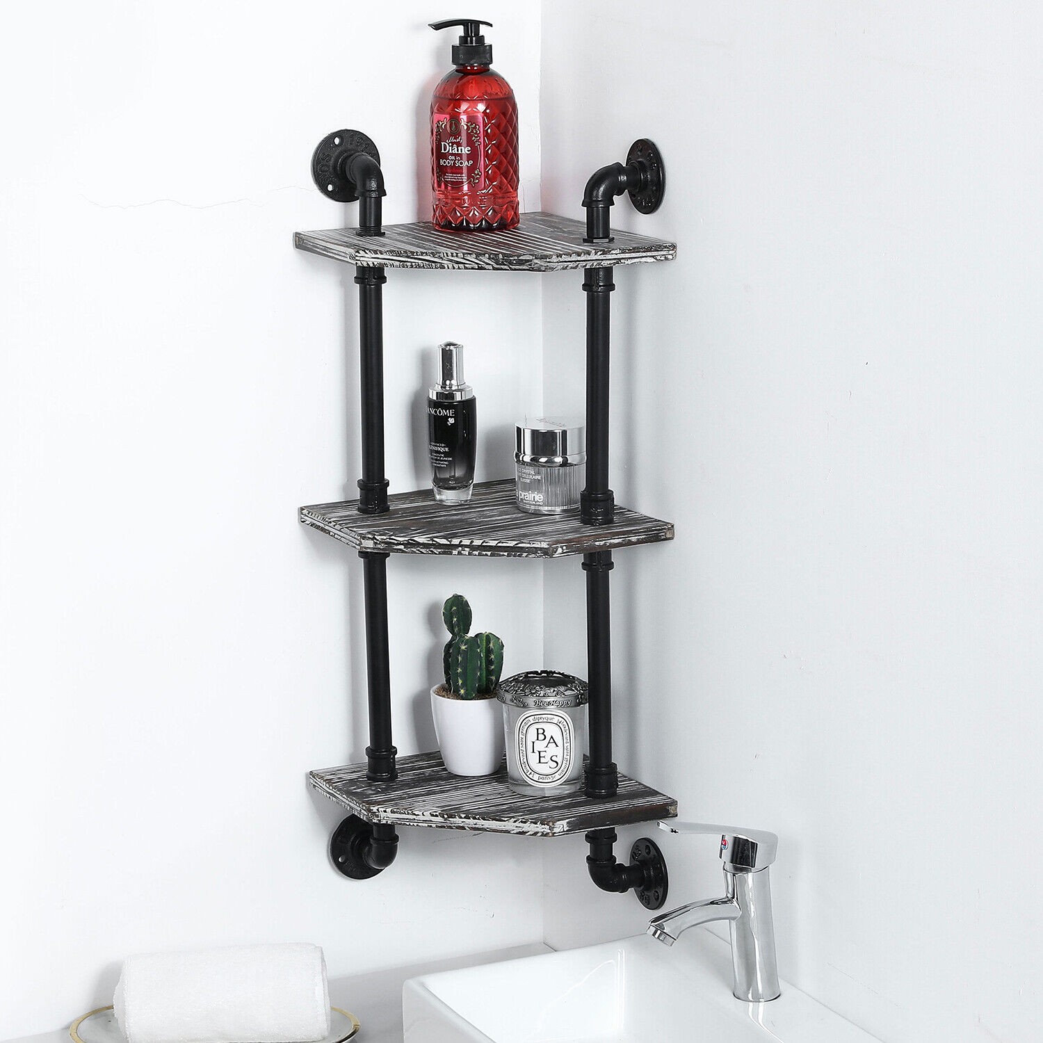 3 Tier Rustic Torched Wood Corner Display Shelves w/ Industrial Metal Pipe Frame