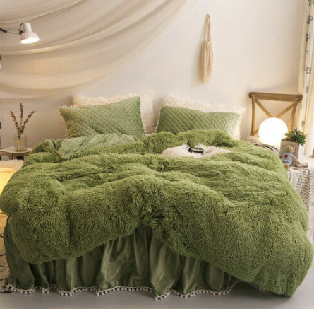 Luxury fruit green plush fluffy mink velvet duvet cover Qui stitched bedding set