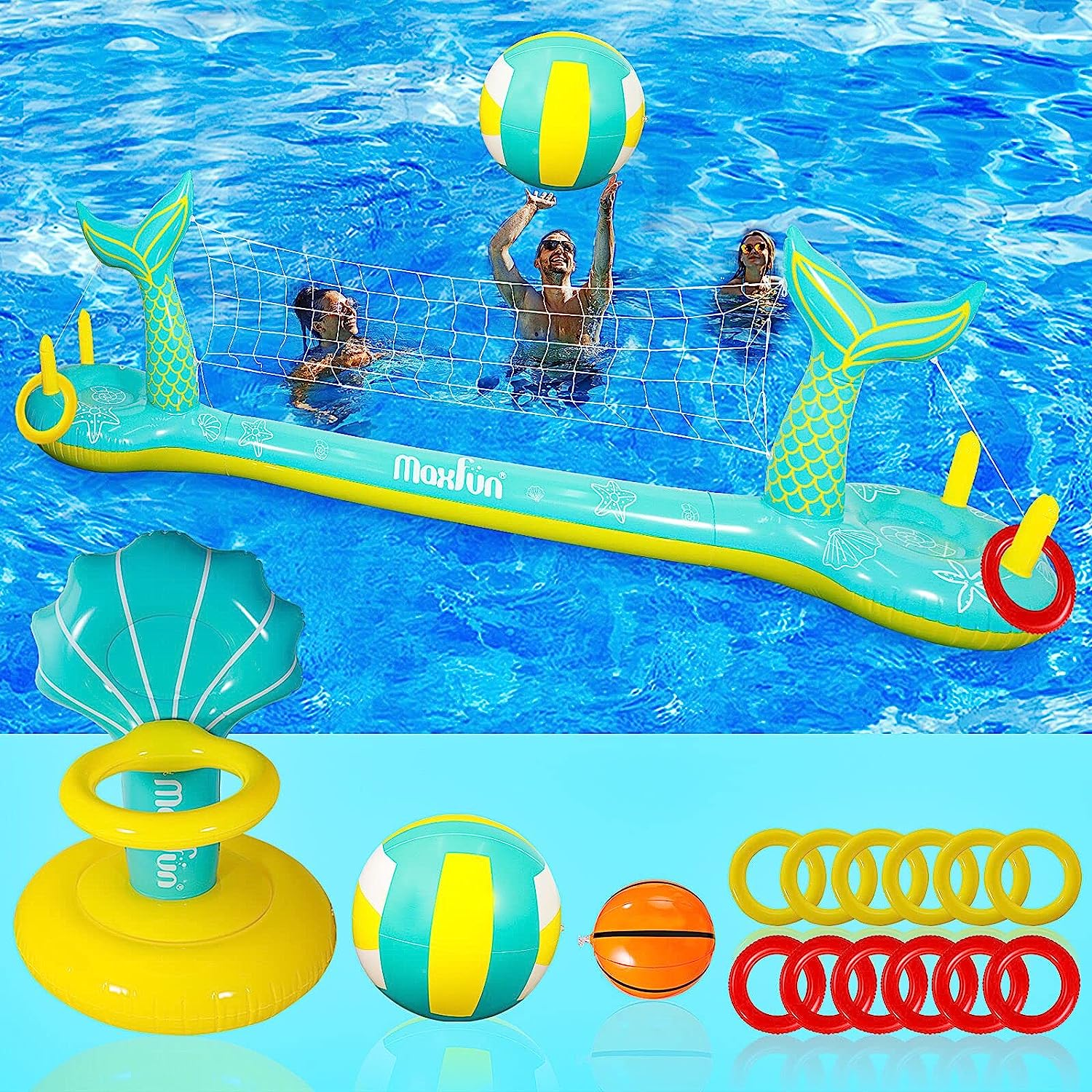 Max Fun Pool Floats Toys Game Set Floating Basketball Hoop Inflatable Ring Toss