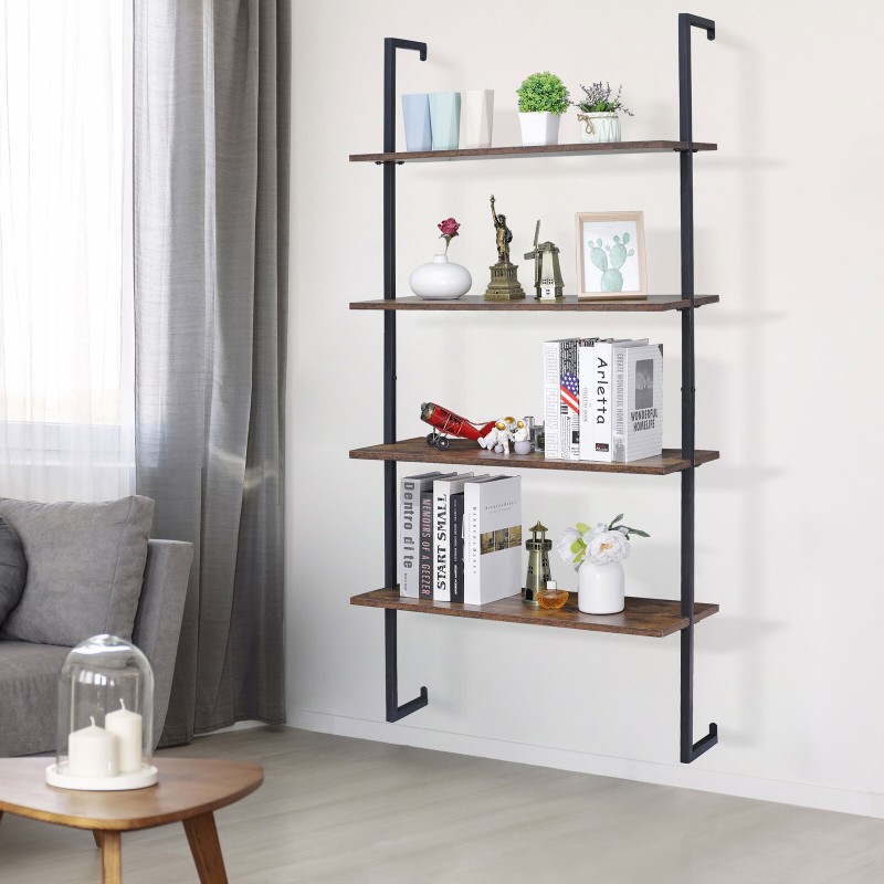 4 Tier Pipe Bookshelf Wall Mount Shelf Floating Bookcase Industrial Metal Frame